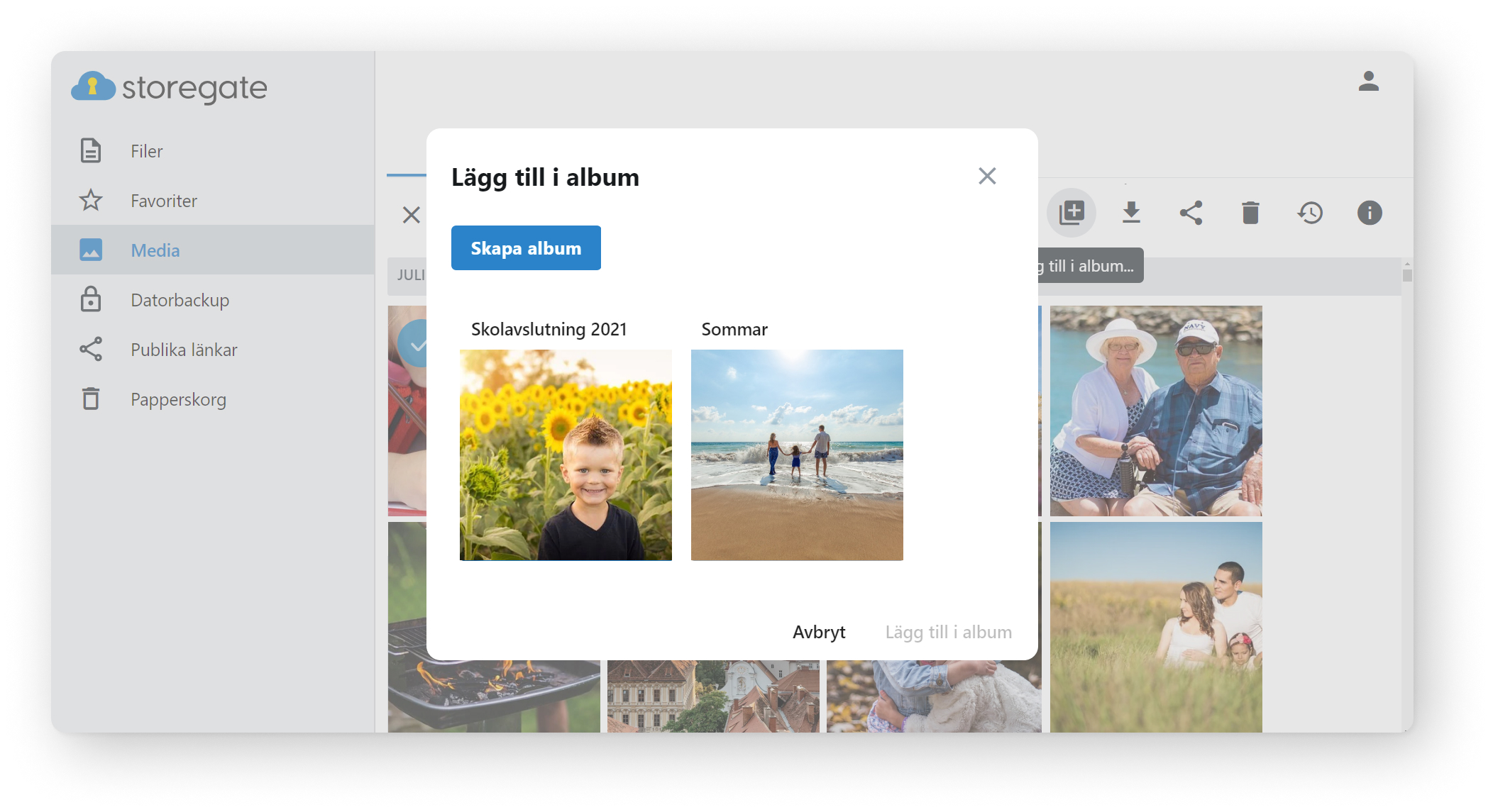 Add to album, Storegate Swedish cloud service