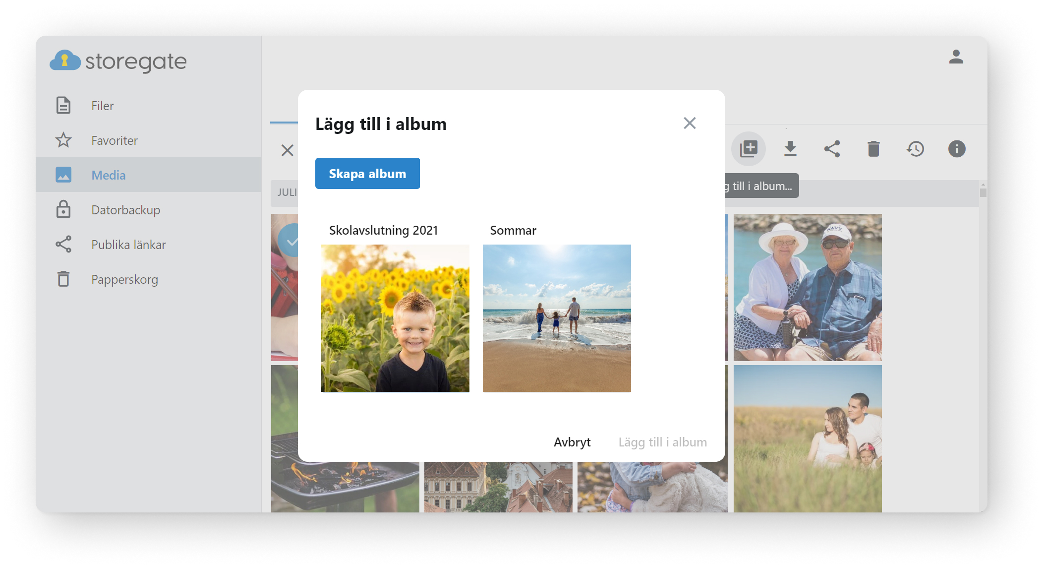 Add to album, Storegate's Swedish cloud service