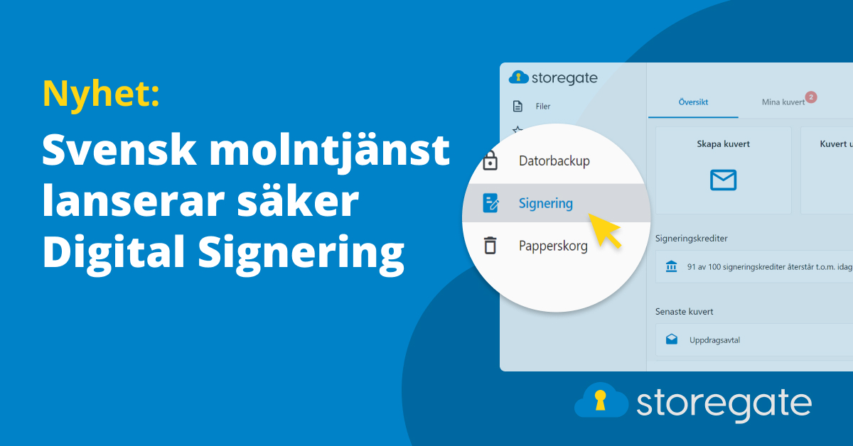 Texten Svensk molntjänst lanserar säker digital signering med illustration över webbsida med signeringsfunktion