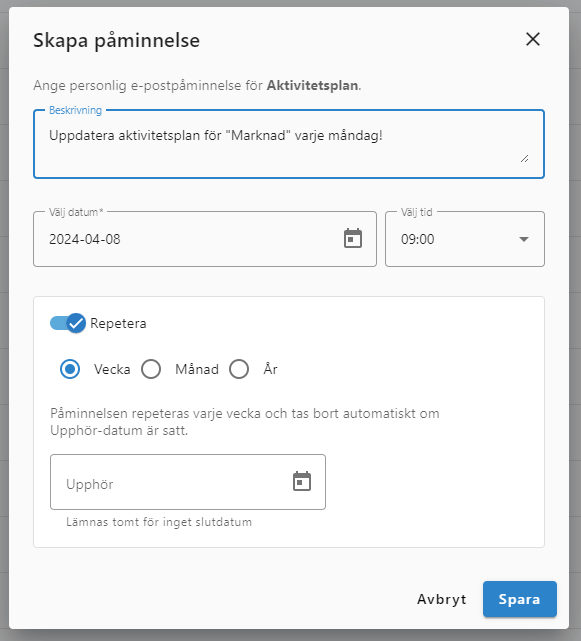 Web overview with a box to activate smart reminders on a file or folder.