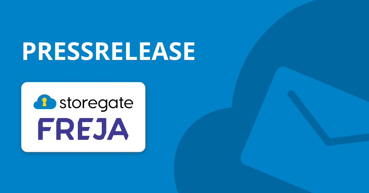 Blå ruta med texten pressrelease och logotyper för Storegate Freja